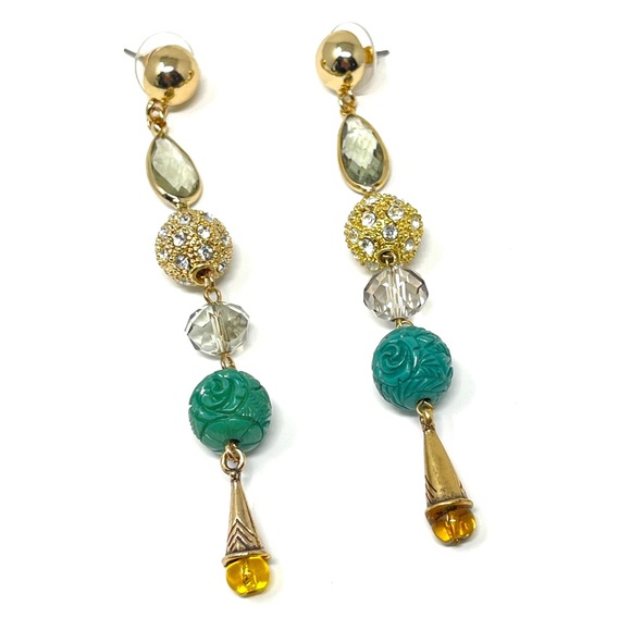New Anthropologie Gold Drop Beaded Crystal Teal Earrings - Picture 2 of 4
